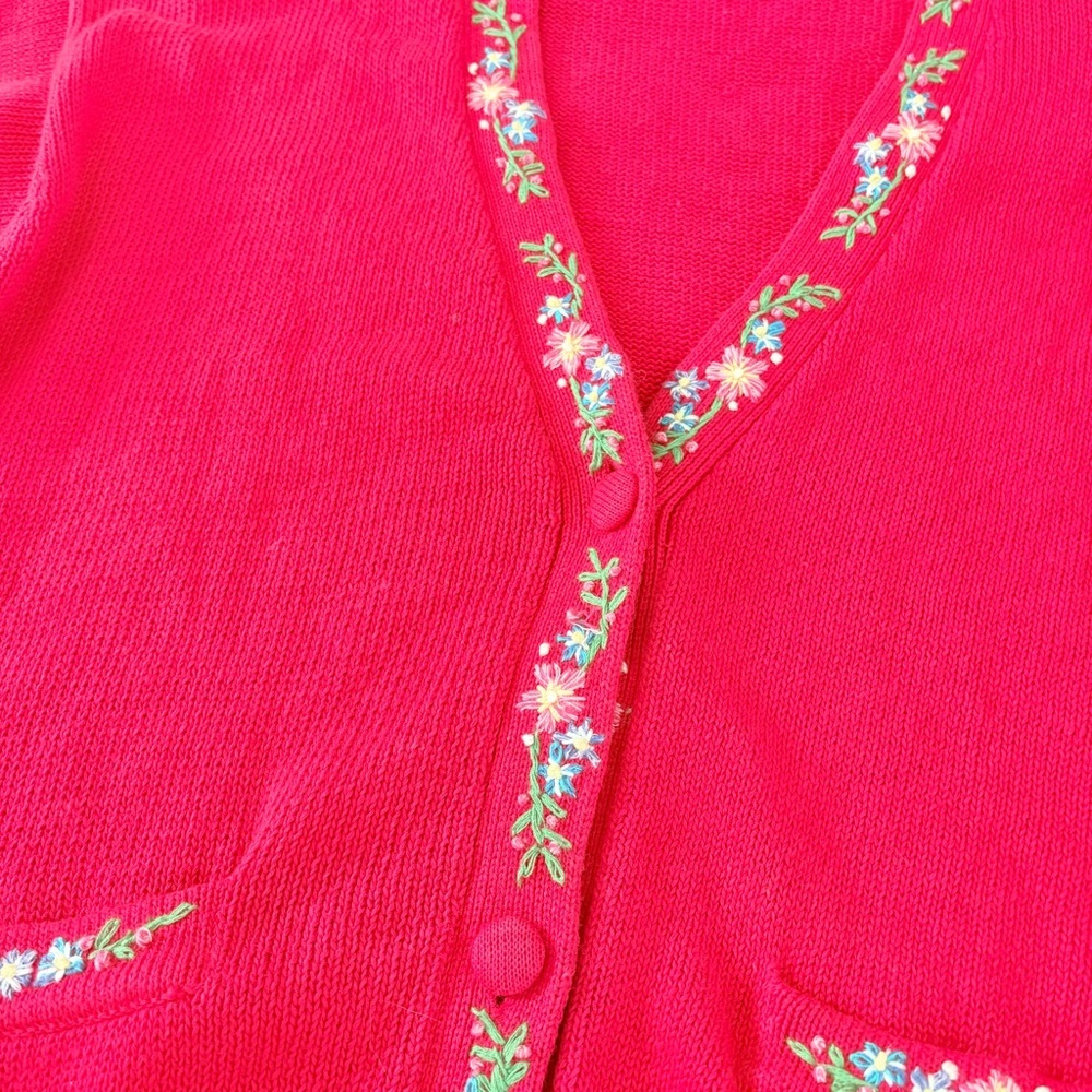 Red Floral Cardigan | Cottagecore Embroidery Ramie Cotton Knit Grandma Core - Picture 9 of 12